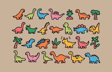 Obraz premium Collection of cute cartoon dinosaurs and tropical plants in various colors
