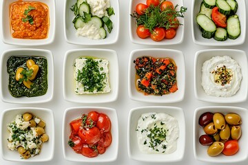 High-angle shot of various fresh Mediterranean appetizers in small white square bowls