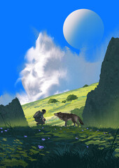 A lone traveler kneels before a curious wolf in a quiet valley, beneath the glowing sky of a distant and unknown world, digital art style, illustration painting