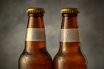 Close-up of two amber glass beer bottles, covered in condensation, set against a neutral gray background, ready for enjoyment