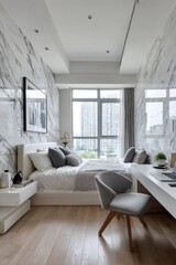Fototapeta premium Modern bedroom with marble accent wall and city view