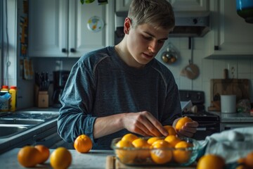 Young man arranging oranges and lemons in a glass baking dish, getting ready to prepare a healthy meal or juice