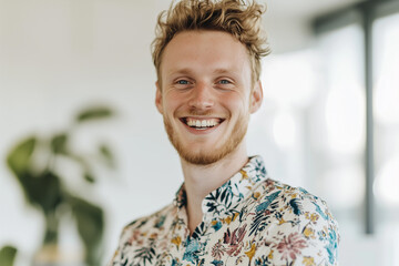 young man standing dressed in casual clothes, standing smiling in an office