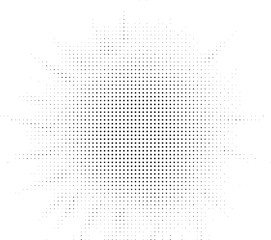 A central cluster of dense black dots radiates outwards, gradually decreasing in size and density to create a starburst or floral effect against a stark white backdrop.