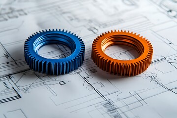 Close-up of two vibrant, glossy orange and blue gears interlocking on a sheet of architectural drawings, symbolizing precision and design