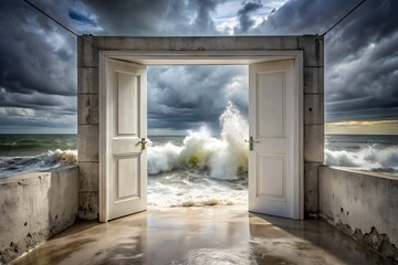Old wooden door in a stone wall with an open doorway looking out to the blue sky