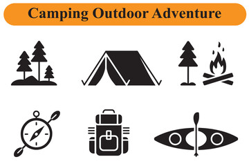 Camping outdoor adventure icons trees tent campfire compass backpack kayak forest