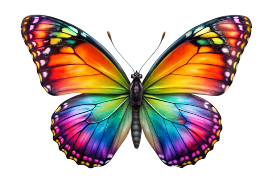 Photo of a stunning butterfly with vibrant rainbowcolored wings is isolated on a plain transparent background