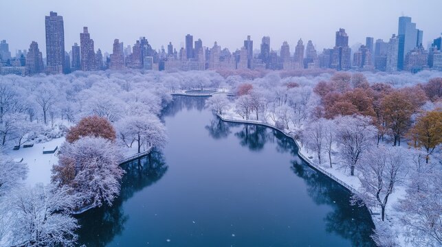 skyline New York winter river snow