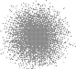 Abstract pixelated burst effect with fading squares on a white background