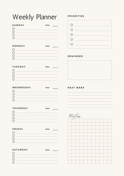 Minimalist weekly planner with priorities and notes sections