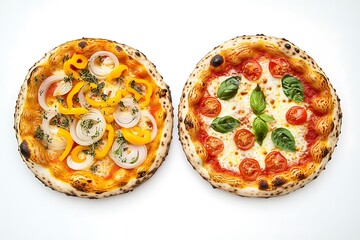 Two delicious artisanal pizzas, one with yellow bell peppers and onions, the other with cherry tomatoes, showcased against a pure white background