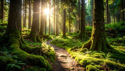 Obraz premium Sunlit forest path. Lush green trees and moss