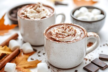 Two cups of cozy hot chocolate topped with whipped cream and cocoa powder, presented on a white surface with autumn accents