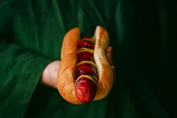 Delicious hot dog served with mustard held in hand against a dark green background