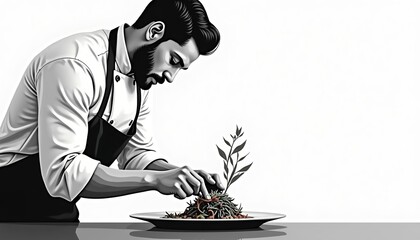 Chef delicately garnishing a gourmet dish in a modern kitchen setting during daytime
