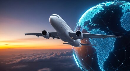 An airplane flying over the clouds with a digital globe representing international travel and connectivity