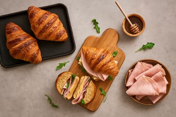 Freshly baked croissants placed on a black tray with sliced ham and honey for a delightful breakfast or brunch experience