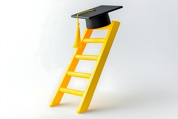 Graduation cap on a bright yellow ladder angled against a plain white background, symbolizing educational success