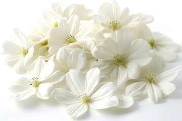 Close-up of a delicate cluster of white clematis flowers arranged against a plain white background