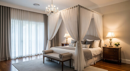 Elegant Bedroom with Canopy Bed and Soft Lighting