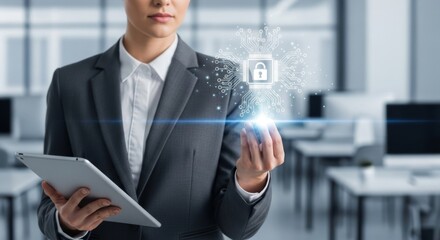 Fototapeta premium A businesswoman holding a tablet with a cybersecurity lock icon, representing data protection and privacy