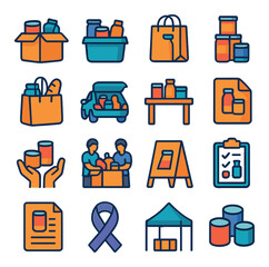Minimal food drive icon collection. simple design with box, bag, can, hands, ribbon