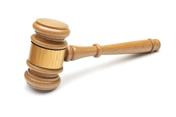 A high-angle, full shot of a polished wooden gavel resting on a matching wooden stand, symbolizing justice and authority