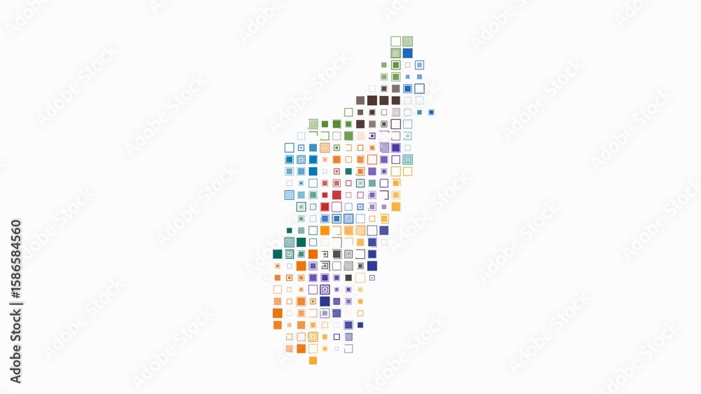 Poster madagascar dotted animation. shape of the country build of pulsating colored dots. large size square