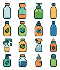 Zero waste bottle icon collection. eco-friendly simple bottles. recycling, soap, spray, drop, leaf, refill silhouette