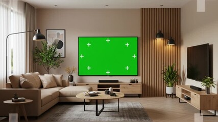 Modern living room interior showcasing a television with a green screen for customizable content and a stylish design
