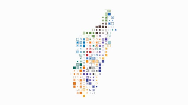 Madagascar dotted animation. Shape of the country build of pulsating colored dots. Large size square blocks. Digital style map on white background. Beautiful video.