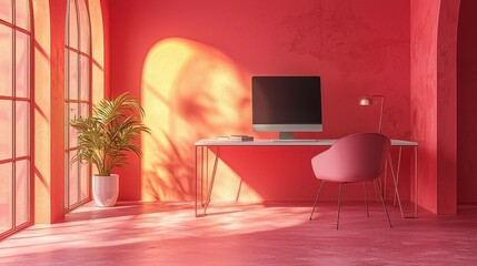 Minimalist workspace with sunlight through arched windows