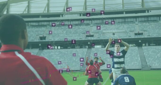 red thrower stepping propelling rugby ball, blue jumper being lifted contesting with floating icons