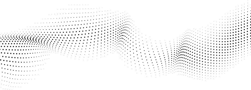 Abstract flowing wave pattern composed of numerous small black dots on a white background