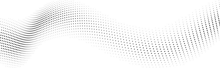 Abstract flowing wave pattern composed of black dots on a clean white background