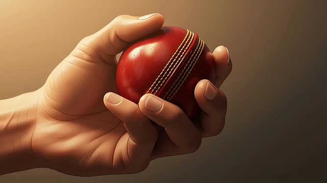 Hand holding a red cricket ball animated