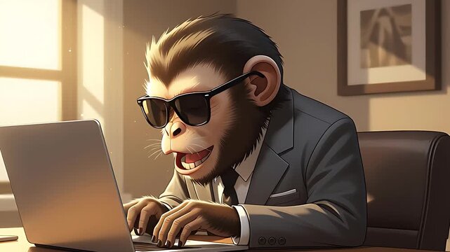 A monkey in suit using laptop in office room animated