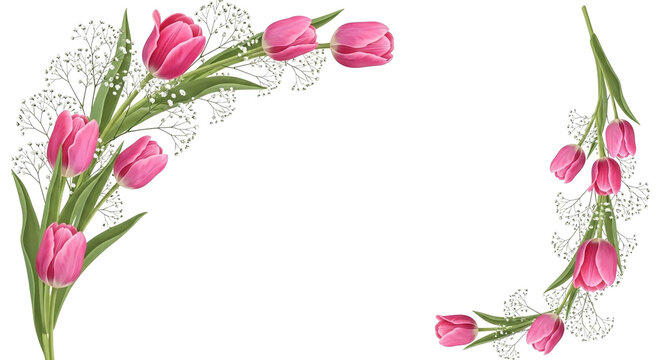 Pink Tulips Baby's Breath Floral Corner Frame - Powered by Adobe