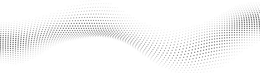 Abstract wave pattern composed of black dots on a clean white background