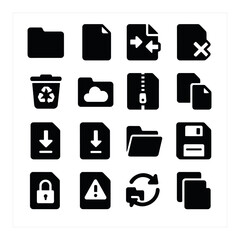 File management icon collection. black file silhouettes: folder, document, trash, lock