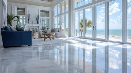 Bright, airy living space with large windows overlooking ocean and beach, with marble flooring