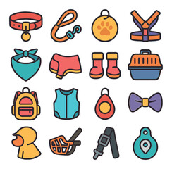 Dog accessory icon collection. pet gear flat icons: collar, leash, tag, harness, bandana