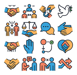 Conflict resolution icon collection. simple compose icons: dove, handshake, balance,