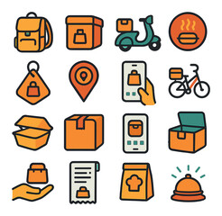 Food delivery icon collection. simple delivery, bike, bag, app, pizza box, scooter