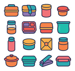 Container icon collection: colorful kitchen, food, storage containers flat,
