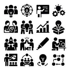 Innovation icon collection: creative silhouette design. brainstorm, lightbulb, team, graph, meeting