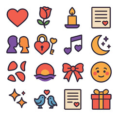 Romantic icon collection. simple romance symbols: heart, rose, candle, moon, note, gift