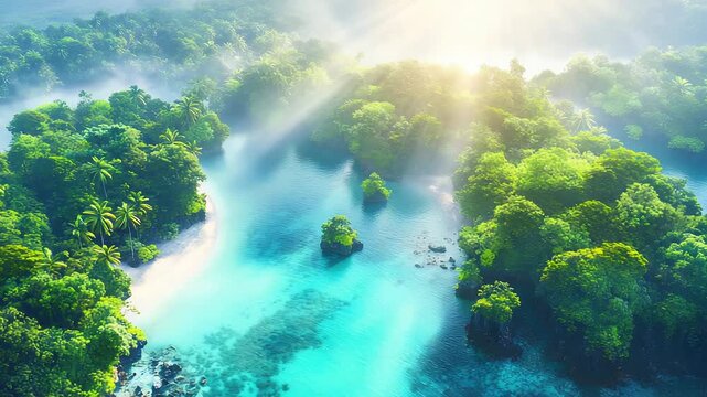 Aerial view of misty tropical forest landscape near Luh Island with rolling green hills
