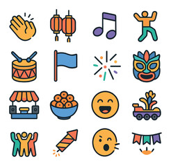 Festival celebration icon collection. simple festival, music, dance, fireworks, mask, parade